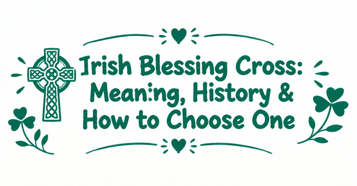 A horizontal white banner graphic featuring centered dark green rounded typography that reads "Irish Blessing Cross: Meaning, History & How to Choose One". The text is framed by an ornate Celtic cross illustration on the left, a blooming shamrock sprig in the bottom left corner, another shamrock on the right side, and curved divider lines decorated with small hearts and sunbursts at the top and bottom.