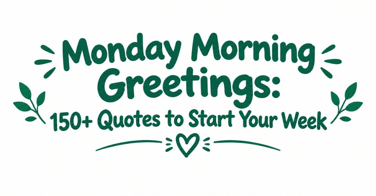 Text graphic reading "Monday Morning Greetings: 150+ Quotes to Start Your Week" in dark green rounded text with burst doodles, leafy sprigs, and a heart divider.