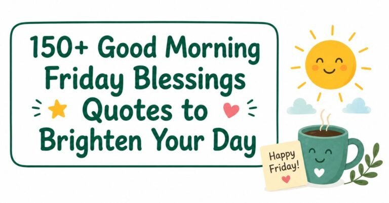 Green text card displaying 150+ Good Morning Friday Blessings Quotes to Brighten Your Day next to a smiling sun icon, a steaming coffee mug, and a Happy Friday sticky note.