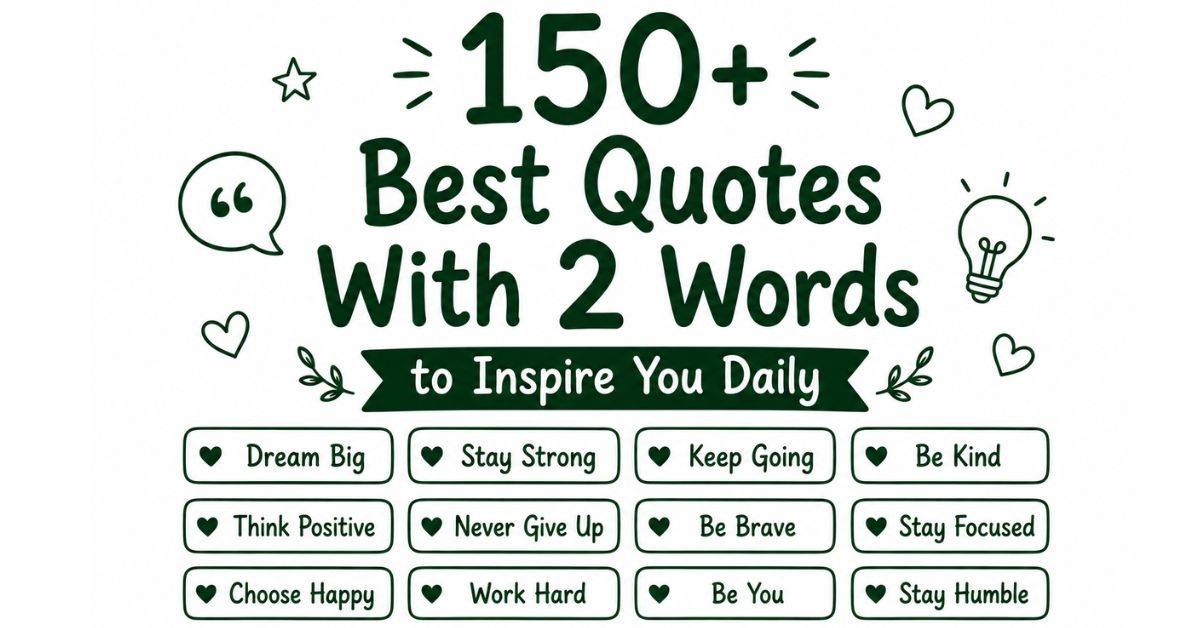 Dark green graphical banner displaying text reading 150+ Best Quotes With 2 Words to Inspire You Daily, decorated with speech bubble, star, and lightbulb doodles above twelve short phrase boxes like Dream Big and Stay Strong.