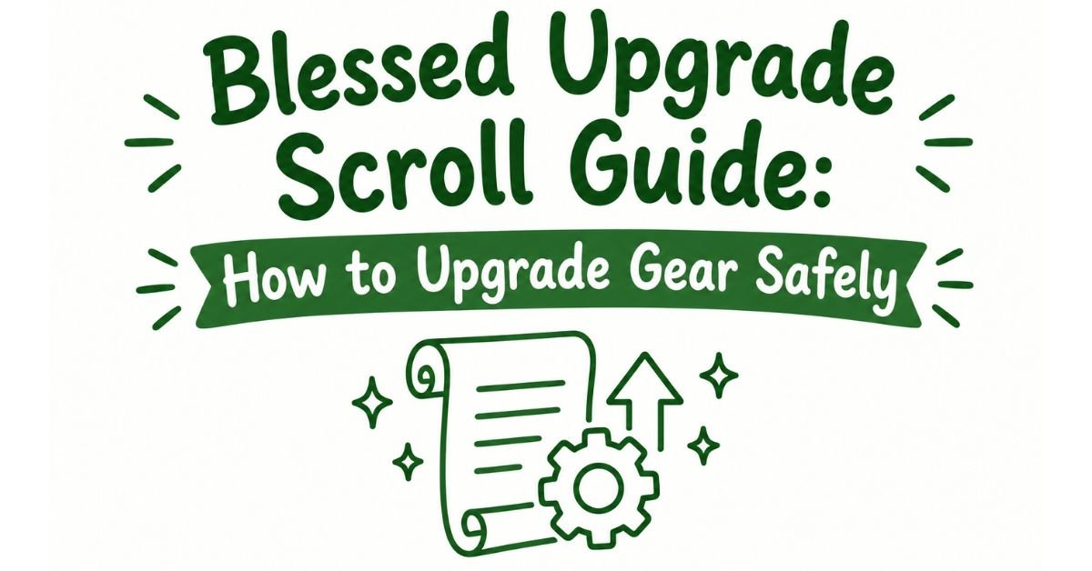 Green graphics banner reading Blessed Upgrade Scroll Guide How to Upgrade Gear Safely with line art illustrations of a scroll, gear icon, upward arrow, and sparkle symbols.