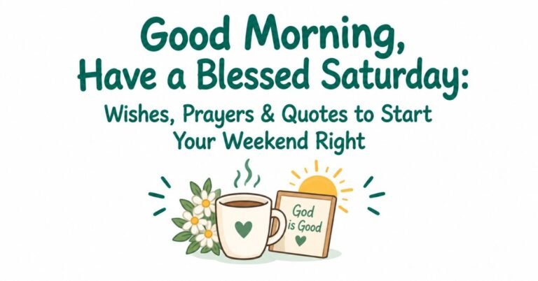 Green text graphic displaying Good Morning Have a Blessed Saturday Wishes Prayers and Quotes to Start Your Weekend Right above a steaming coffee cup, white flowers, and a God is Good note.