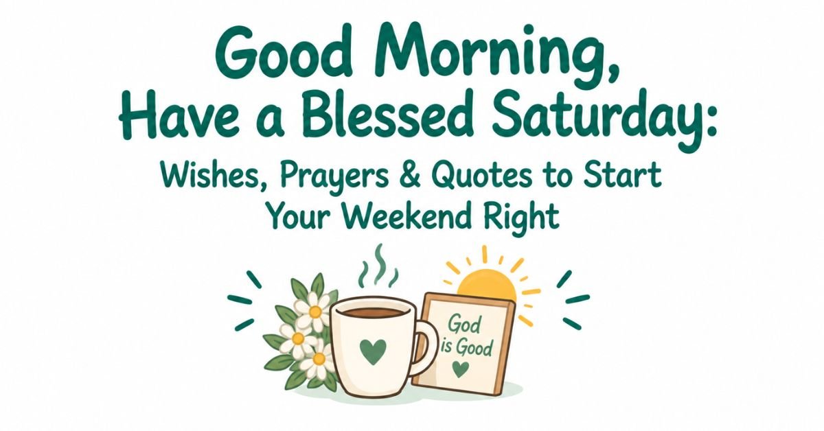 Green text graphic displaying Good Morning Have a Blessed Saturday Wishes Prayers and Quotes to Start Your Weekend Right above a steaming coffee cup, white flowers, and a God is Good note.