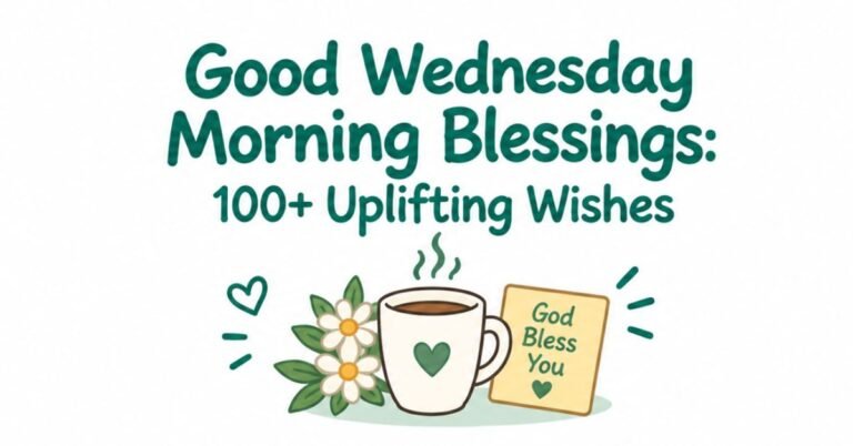 Green text graphic displaying Good Wednesday Morning Blessings 100+ Uplifting Wishes above a steaming coffee cup with a heart icon, white flowers, and a God Bless You note.