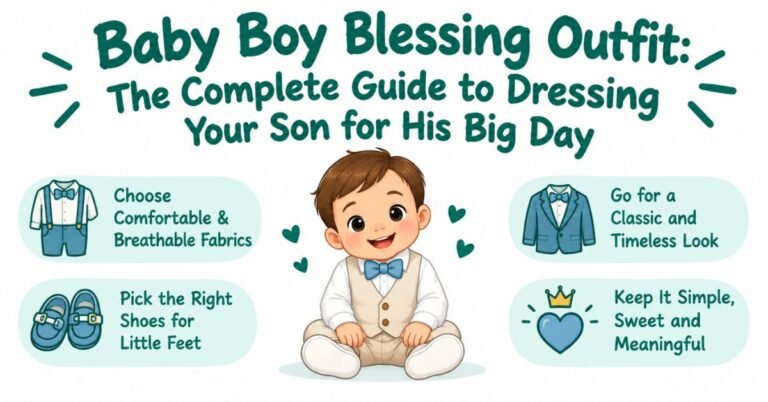 Infographic banner titled "Baby Boy Blessing Outfit: The Complete Guide to Dressing Your Son for His Big Day" featuring an illustration of a baby boy sitting in the center surrounded by styling tips like comfortable fabrics, classic look, right shoes, and sweet simplicity.
