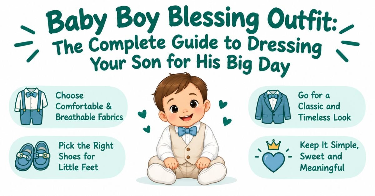 Infographic banner titled "Baby Boy Blessing Outfit: The Complete Guide to Dressing Your Son for His Big Day" featuring an illustration of a baby boy sitting in the center surrounded by styling tips like comfortable fabrics, classic look, right shoes, and sweet simplicity.