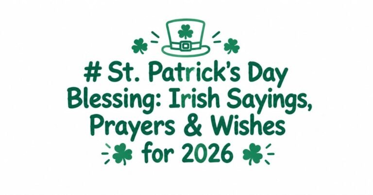 Text graphic reading "# St. Patrick's Day Blessing: Irish Sayings, Prayers & Wishes for 2026" in green rounded font featuring a leprechaun hat and shamrock clover icons.