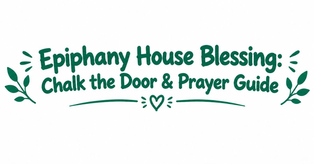 Text graphic reading "Epiphany House Blessing: Chalk the Door & Prayer Guide" in dark green rounded typography with botanical leaf sprigs and a heart underline divider.