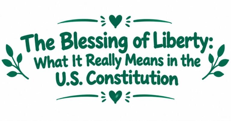 Text graphic reading "The Blessing of Liberty: What It Really Means in the U.S. Constitution" written in dark green rounded typography with heart accent dividers and leaf sprigs on the sides.