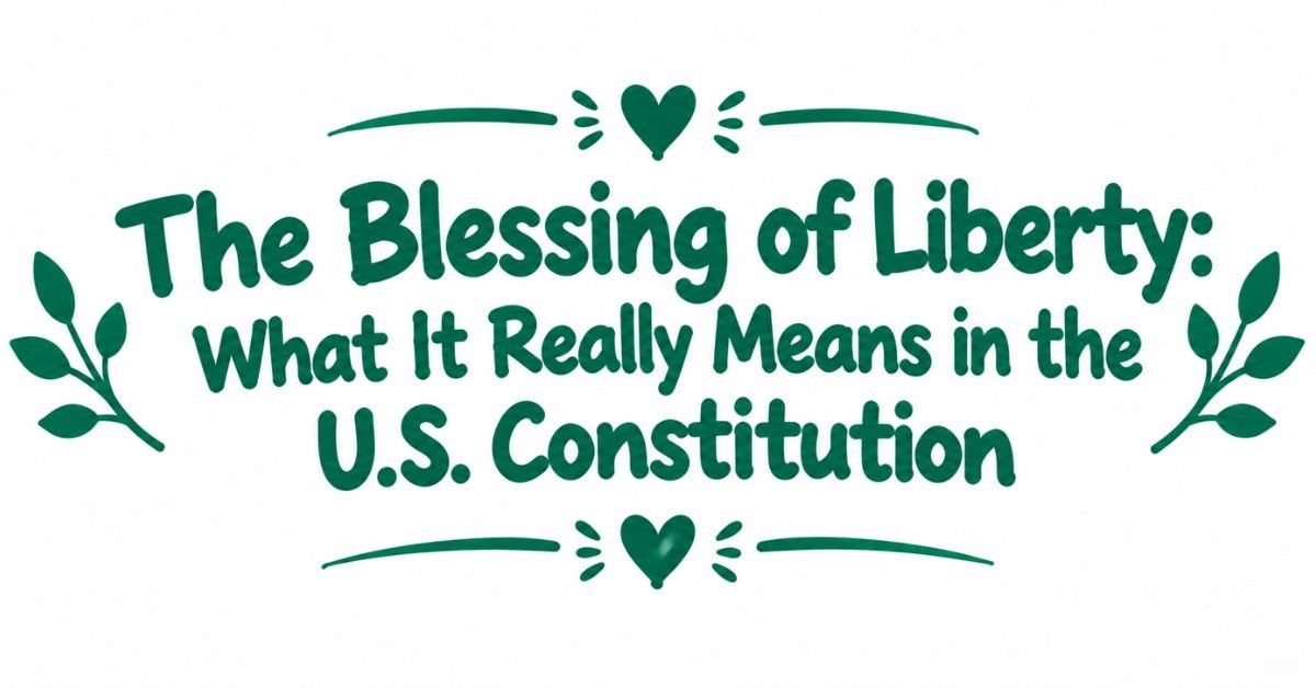 Text graphic reading "The Blessing of Liberty: What It Really Means in the U.S. Constitution" written in dark green rounded typography with heart accent dividers and leaf sprigs on the sides.