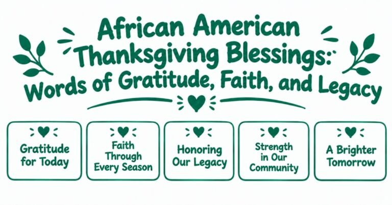 Text graphic reading "African American Thanksgiving Blessings: Words of Gratitude, Faith, and Legacy" with five feature boxes for Gratitude for Today, Faith Through Every Season, Honoring Our Legacy, Strength in Our Community, and A Brighter Tomorrow.
