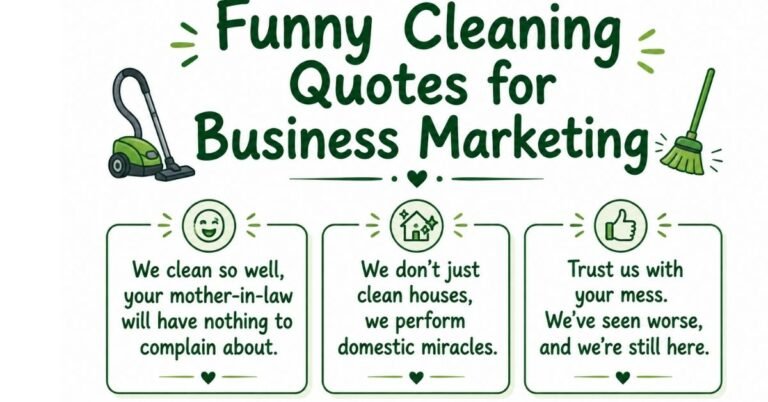 Text graphic reading "Funny Cleaning Quotes: 60+ Jokes to Make Chores Bearable" with dark green rounded text, green leaf sprigs, a broom illustration, and a spray bottle.