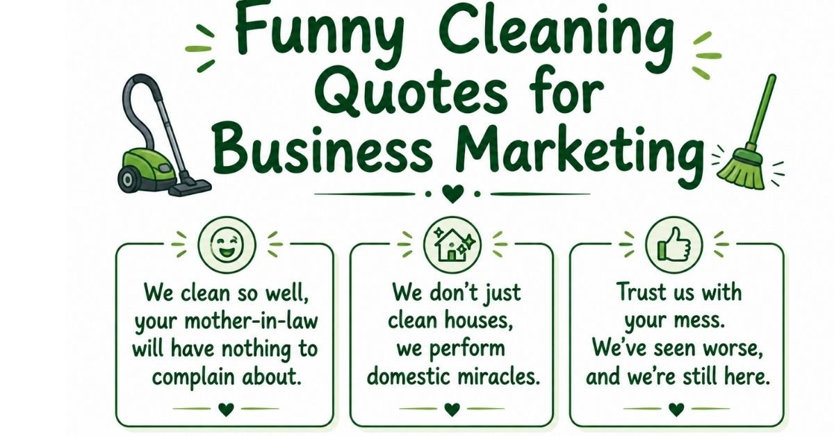 Text graphic reading "Funny Cleaning Quotes: 60+ Jokes to Make Chores Bearable" with dark green rounded text, green leaf sprigs, a broom illustration, and a spray bottle.
