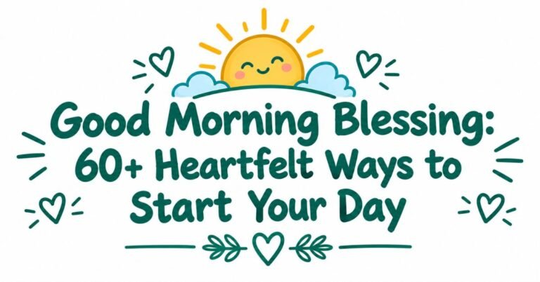 Text graphic reading "Good Morning Blessing: 60+ Heartfelt Ways to Start Your Day" in dark green rounded font with a smiling sun over clouds, heart doodles, and leafy sprig accents.