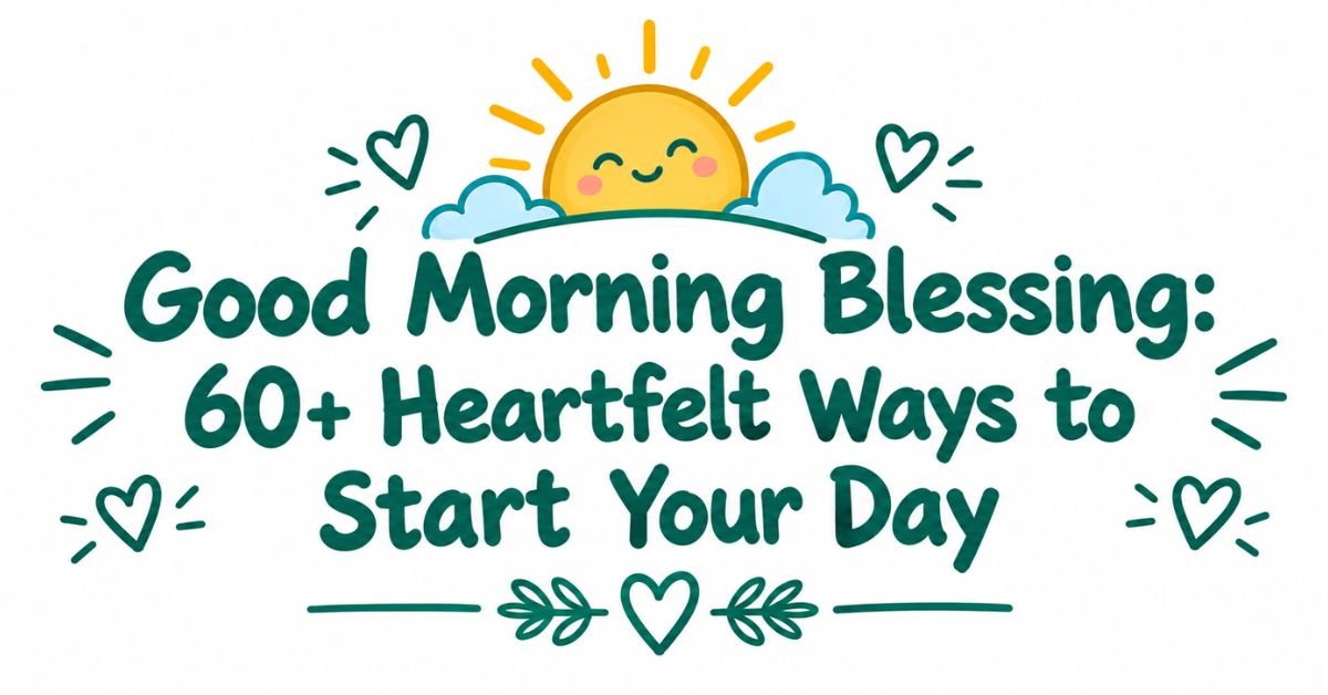 Text graphic reading "Good Morning Blessing: 60+ Heartfelt Ways to Start Your Day" in dark green rounded font with a smiling sun over clouds, heart doodles, and leafy sprig accents.