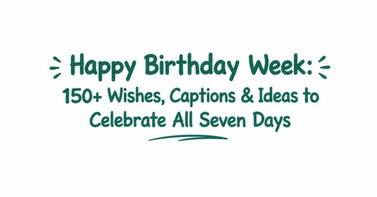 Text graphic reading "Happy Birthday Week: 150+ Wishes, Captions & Ideas to Celebrate All Seven Days" in dark green rounded font with burst accents and a curved underline.