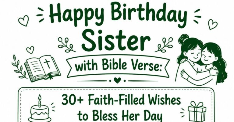 Dark green graphic banner featuring text reading Happy Birthday Sister with Bible Verse 30+ Faith-Filled Wishes to Bless Her Day alongside line art illustrations of an open Bible, a birthday cake, a gift box, and two sisters hugging.