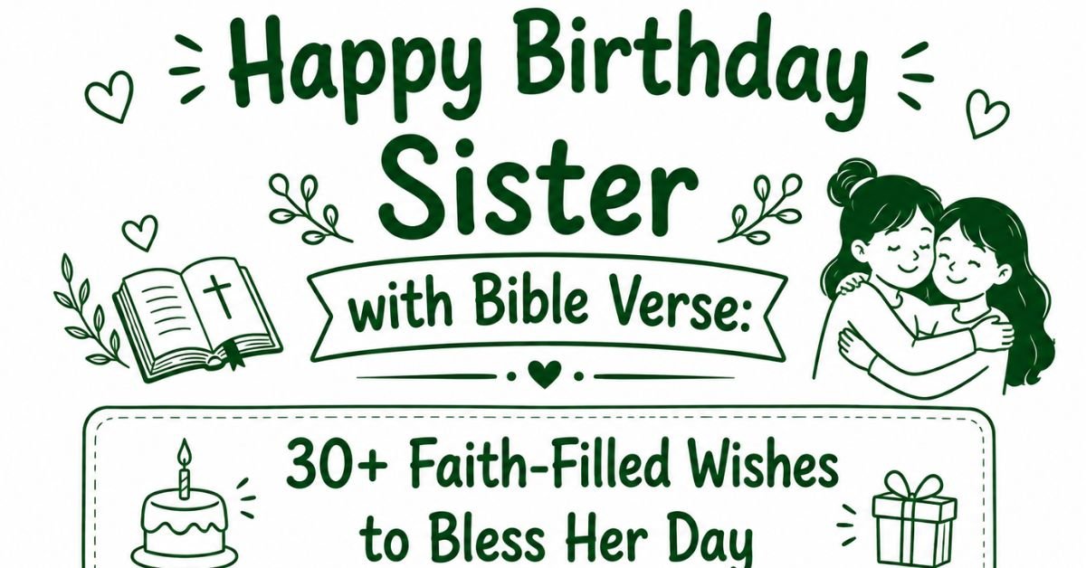 Dark green graphic banner featuring text reading Happy Birthday Sister with Bible Verse 30+ Faith-Filled Wishes to Bless Her Day alongside line art illustrations of an open Bible, a birthday cake, a gift box, and two sisters hugging.