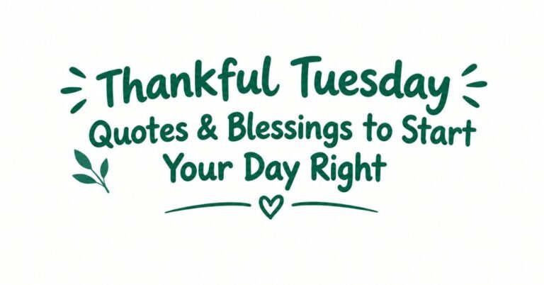 Text graphic reading "Thankful Tuesday Quotes & Blessings to Start Your Day Right" in dark green rounded text with burst doodles, a leafy sprig, and a heart divider.