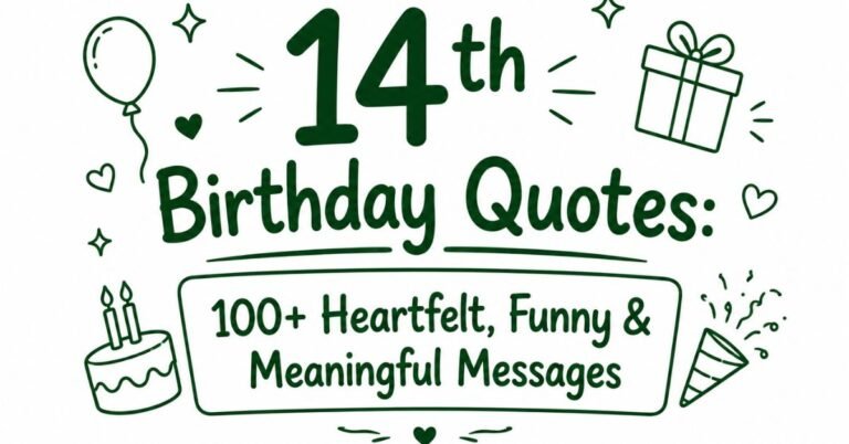 Dark green graphic banner featuring text reading 14th Birthday Quotes 100+ Heartfelt Funny and Meaningful Messages surrounded by line drawings of a balloon, present box, birthday cake with candles, and a party popper.