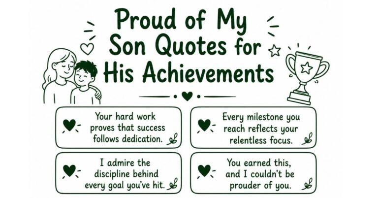 Green graphic banner displaying Proud of My Son Quotes for His Achievements with four quote boxes, a line illustration of a mother hugging her son, and a winner trophy icon.