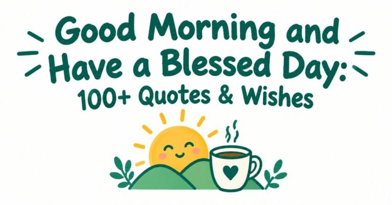 Text graphic reading "Good Morning and Have a Blessed Day: 100+ Quotes & Wishes" in dark green rounded text with burst doodles, a smiling sun rising over hills, and a steaming coffee cup.